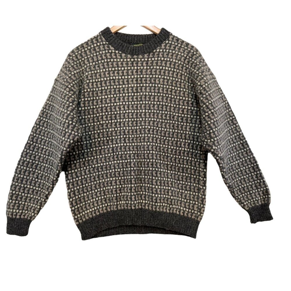 Vintage Traverse Bay Woolen Co. 100% Pure Wool Checkerboard Sweater Gray Tan